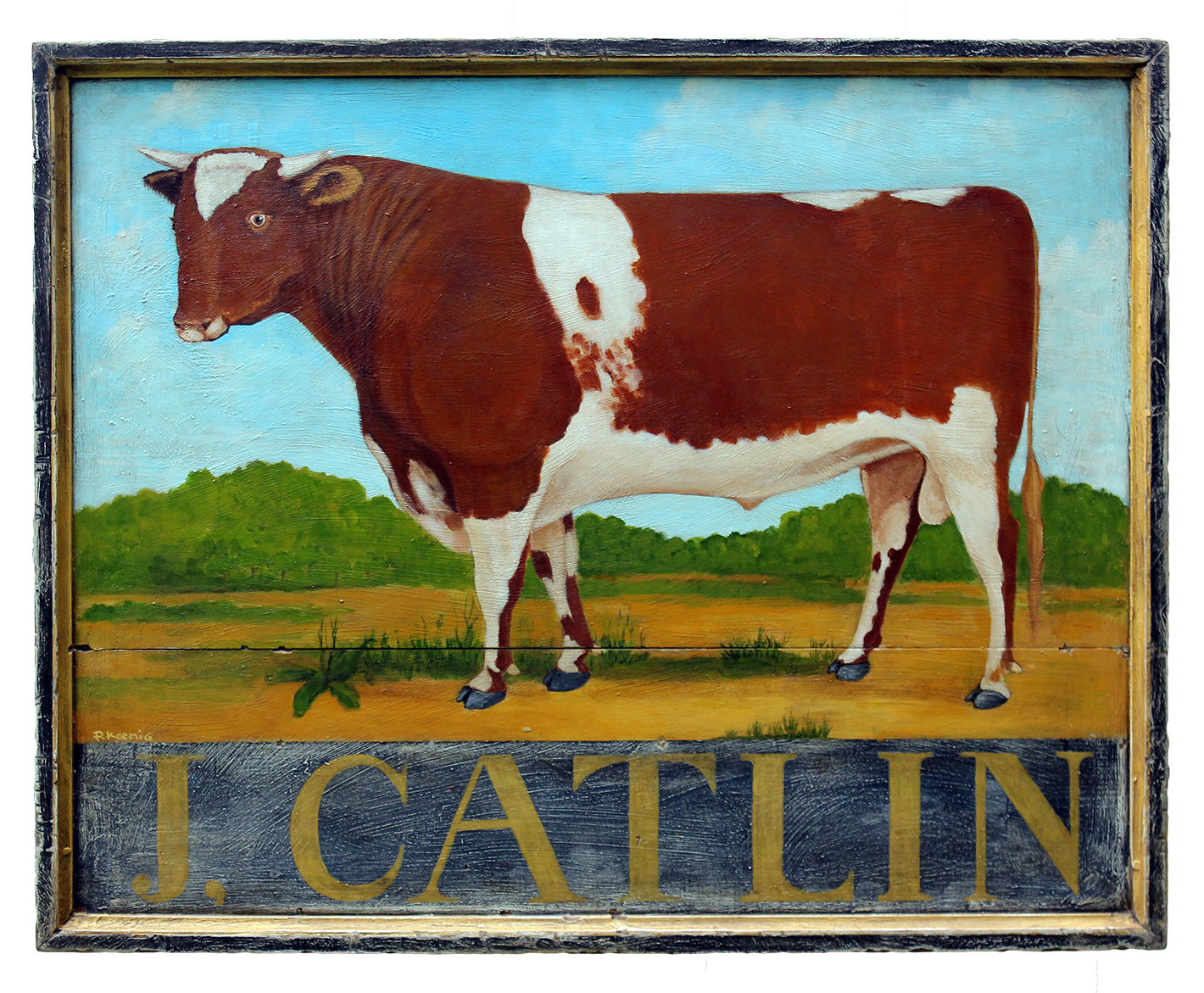 "J. Catlin" - Cattle farm sign. Mixed media on pine by Peter Koenig