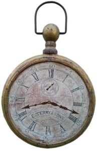 "E. Terry & Sons" - Mixed media and pine. Double sided watchmaker sign with period hardware.