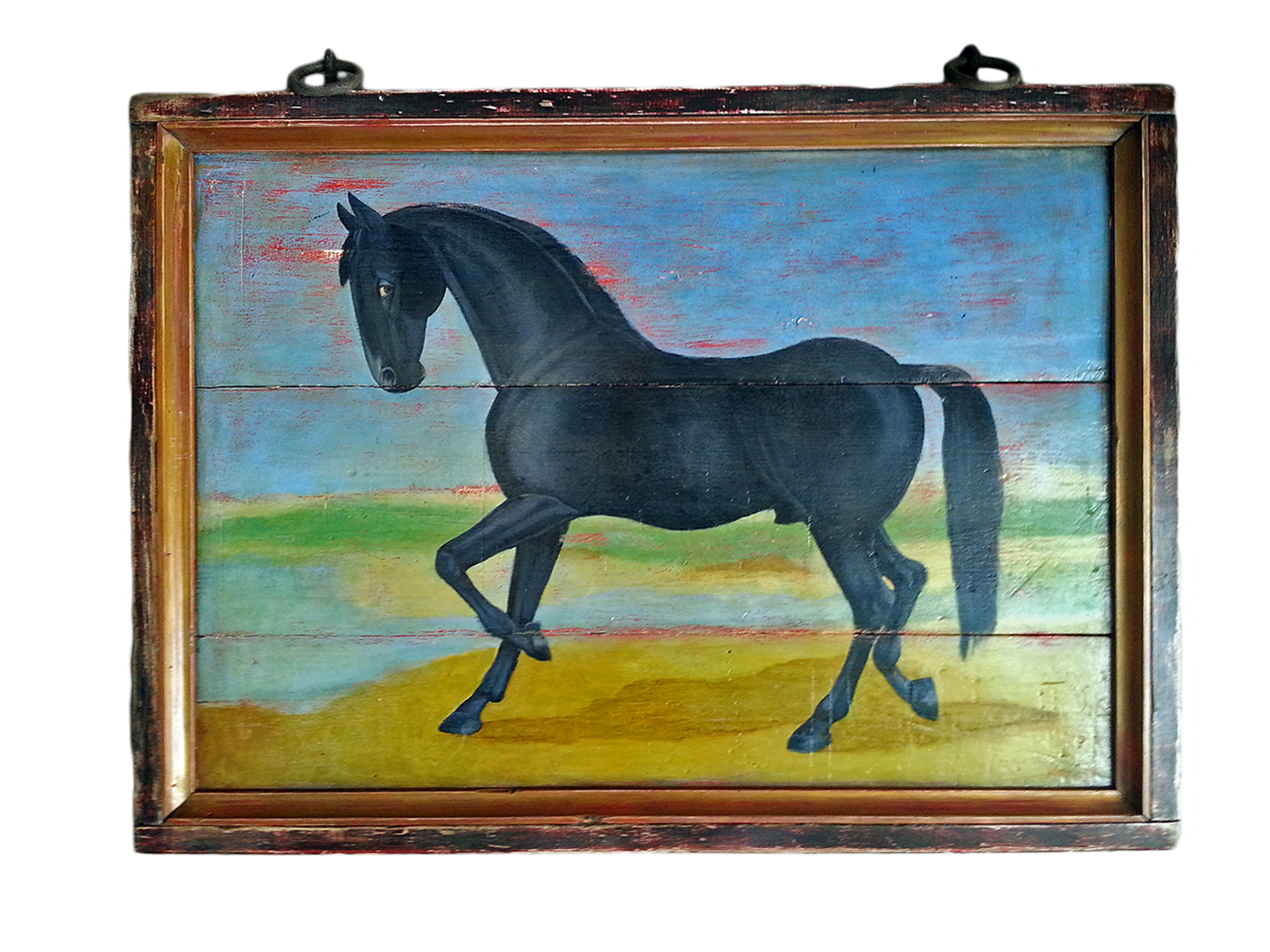 "Farm Horse" - Folk art horse sign on a three pine panel with vintage hardware