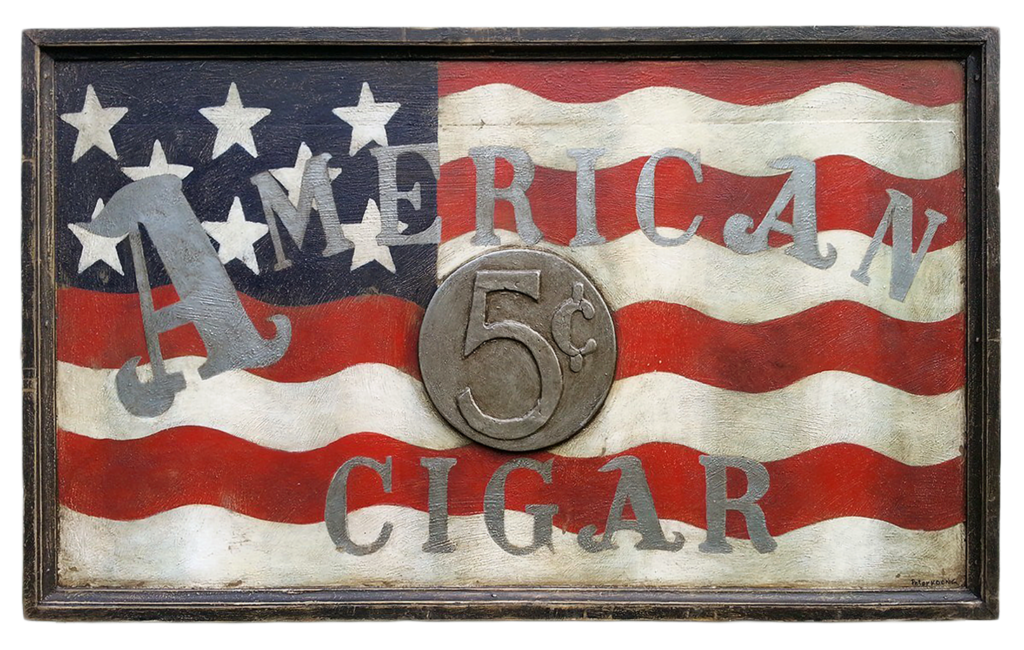 This was an original early 20th century sign by Peter Koenig. Mixed media on pine with elements of Trompe-L’oeil.