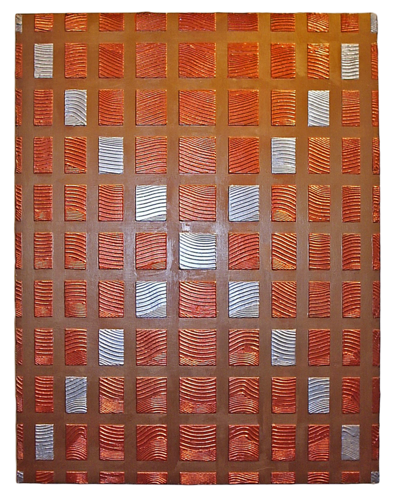 "Criss Cross" Acrylic and mixed media on a wood panel by Peter Koenig